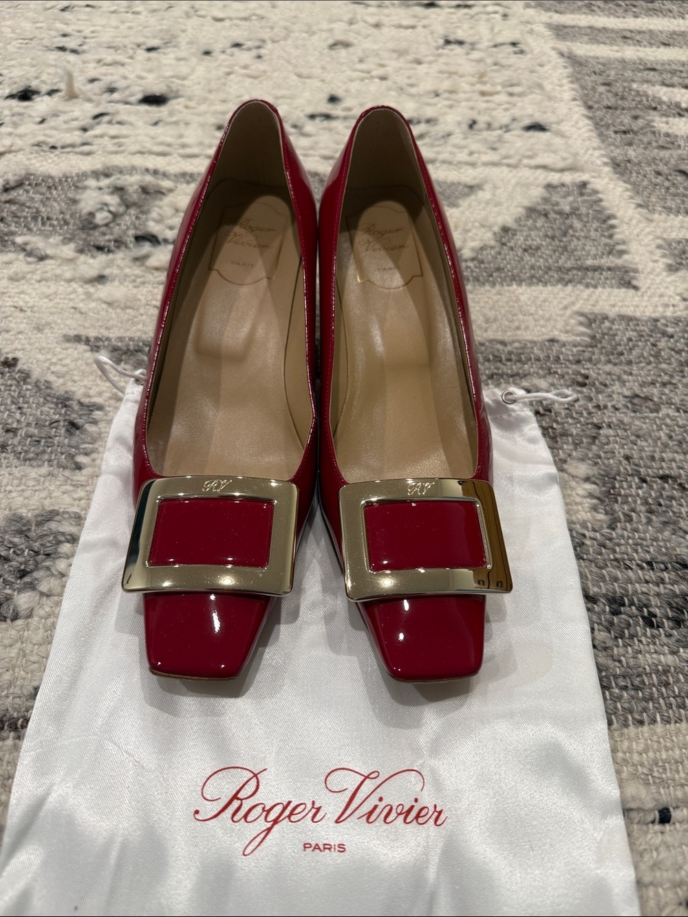 Roger Vivier Cherry Red Patent Buckle Pumps with Gold Hardware